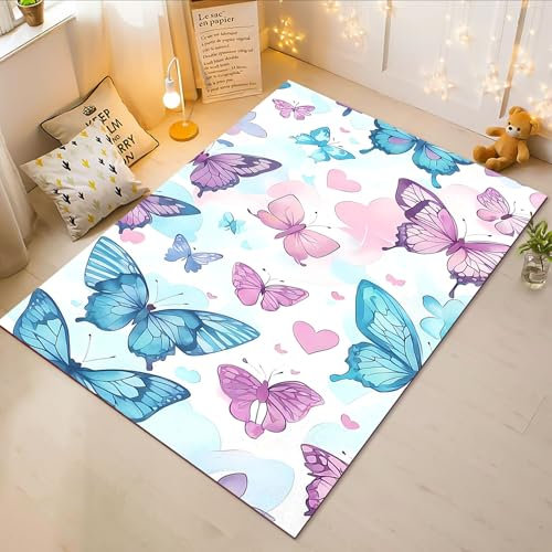 Fadaing Schmetterling Teppich Wohnzimmer 160x230cm Schlafzimmer Bunt Schmetterling Kinderteppich Kinderzimmer, Blume Teppich Kinder Spielteppich Wohnzimmerteppich(5,50x80cm)
