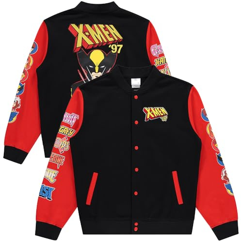 Marvel X-Men Snap Varsity Jacke für Herren – Erwachsene Letterman Jacke mit gestickten Patches – Coole Varsity-Jacken, Schwarz, L