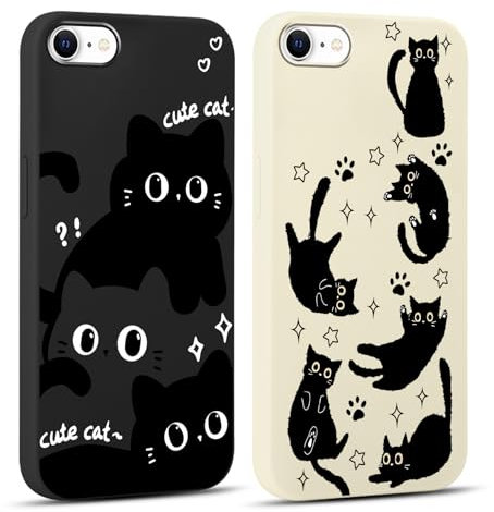 Vxinvnoi 2 Pièces Coque pour iPhone 16e/SE 4/SE 2025, Mignon Chat Motif Étui Fille Dessin Case, Souple Silicone Mince TPU Antichoc Antirayures Protection Housse Cover pour iPhone 16e 6,1,Noir + Beige
