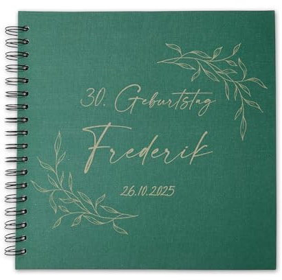 FEENSTAUB Leinen-Gästebuch Geburtstag, Geburtstagsgästebuch personalisierbar [Handmade] Ringbuch [made in Austria], Erinnerungsalbum blanko, Fotoalbum, Gästebuch graviert mit Namen, Ranken