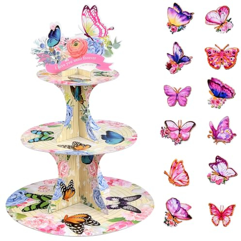 Culinavog 3 Etagen Rosa Schmetterling Ständer, Pappe Kuchenständer mit 12 Stück Schmetterling Tortenaufsatz, Dessert Ständer Kuchenständer für Hochzeit, Geburtstag, Mottoparty