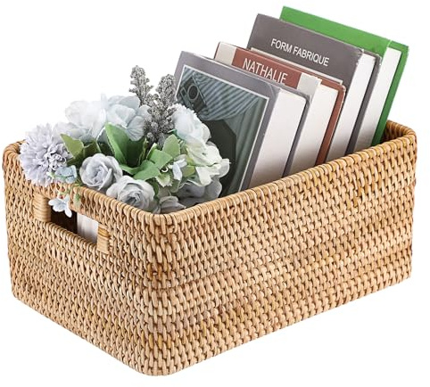 IGNPION Rattan Opened Storage Basket, Wicker Basket for Shelf, 35x25x16cm