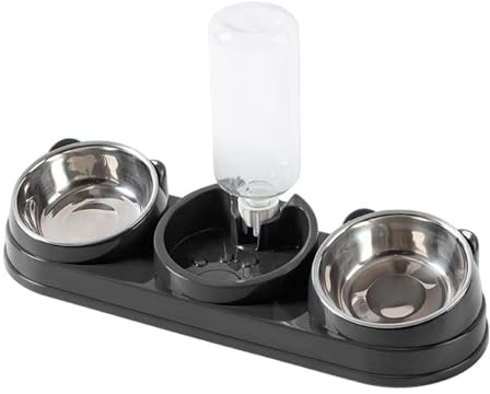Triple Cat Bowls Pet Feeder, Cat Food and Water Bowl Set with Water Dispenser and Stainless Steel Bowls, 15° Tilted Pet Raised, Small or Medium Sized Dogs (dark gray)