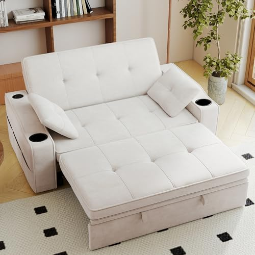 Winlice Chenille Loveseat Sofa Bed,3-in-1 Convertible Sleeper Sofa with 5-Level Adjustable Backrest & Cup Holders,Pull-Out Couch for Living Room,Study or Sunroom, Beige