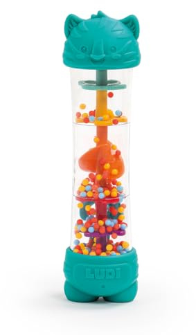 LUDI – Bâton de Pluie bébé – Jouet sensoriel sonore et visuel – Billes colorées – Effet Pluie apaisant – Zone texturée Dentition – Dès 6 Mois – 20 cm, Turquoise