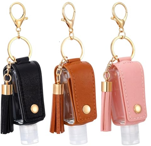 guduling 3 Pcs Hand Sanitiser Keyring,30 ml Hand Sanitiser with Clip, with Clip – Refillable Mini Hands Sanitizer Keychain for Travel, Lotion, Liquid Soap or Shampoo (Black, Pink, Brown)