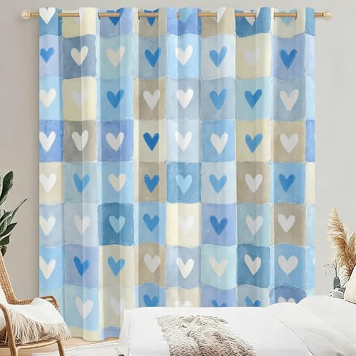 Generisch Kariert Herz Vorhänge Wohnzimmer Schlafzimmer, 95% Blickdicht Vorhang Blau Herz Gardinen mit Ösen, Thermo Verdunklungsvorhänge 2er Set, H137 x B117 cm X&-159
