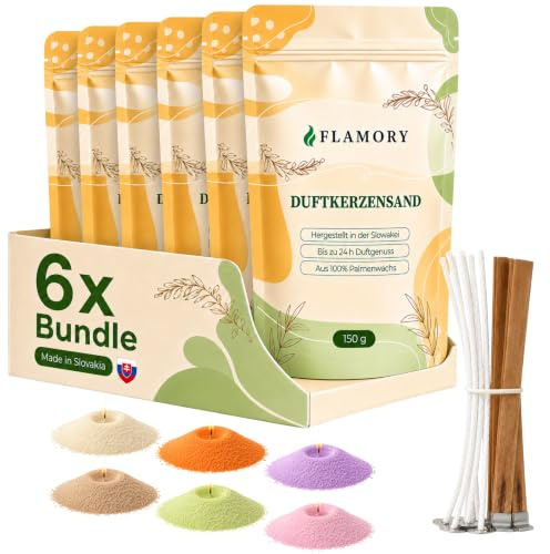 Flamory Kerzensand mit Duft Discovery Set 6x150g, 18 Dochte, 144h Brennzeit | Düfte im Set: Orange, Vanille, Lavendel, Verbena, Rose, Sandelholz. Vegan und nachfüllbar. Kerzensand mit Docht und Duft.