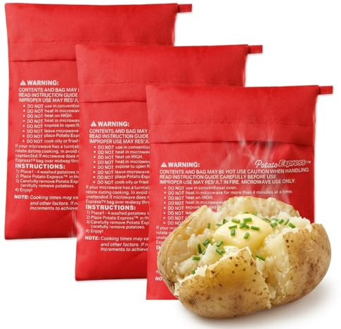 3 bolsas de cocina para patata y microondas, 19 x 25 cm, bolsillo para | Bolsa Express para maíz Patata Dulce, accesorio de cocina rápido para ahorrar tiempo, reutilizable y lavable