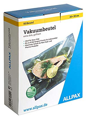 Vakuumierfolie im Karton, 20 x 30 cm, 50 Stück, extra dick, mit Prägung - Gastroqualität - Sous Vide geeignet - extrem reißfest - Material: PA/PE, Stärke: 150 µm
