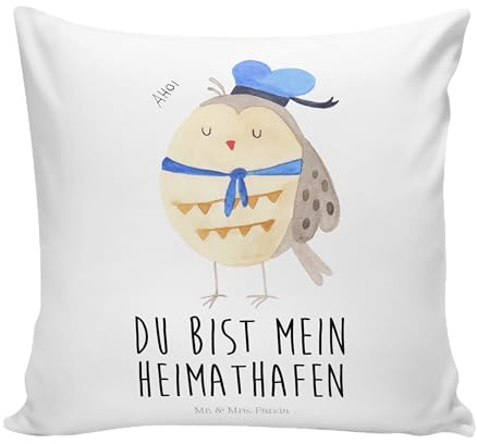 Mr. & Mrs. Panda 40 x 40 Kissen Eule Matrose - Geschenk, Owl, Eule Spruch, Kissen 40x40 Waschbar, Dekokissen 40x40, Dekokissen, Dekokissen Sofa,