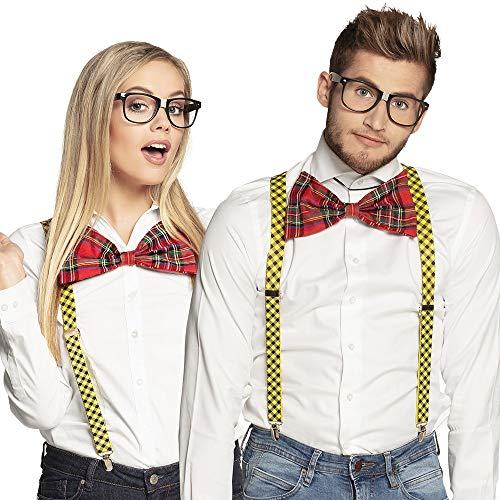 3-teilige Nerd-Verkleidung * BRILLE + FLIEGE + HOSENTRÄGER * für (Kinder-) Geburtstag, Karneval oder Mottoparty | Streber Fasching Party Motto