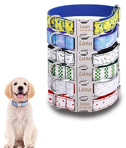 JH Personalised Dog Collar with Name Plate, Adjustable Tough Nylon Customize Engraved ID Collar with Metal Buckle, Options to Matching Style Leash and Bowtie(XS, S, M, L, XL) (Simple Style)