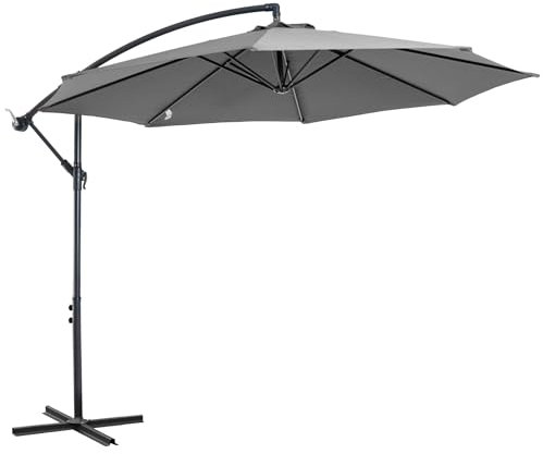 Outsunny 3(m) Garden Banana Parasol Hanging Cantilever Umbrella with Crank Handle, 8 Ribs and Cross Base for Outdoor, Sun Shade, Grey