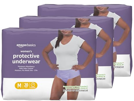 Amazon Basics Maximum Absorbency Incontinence Underwear for Women, Disposable Postpartum, Bladder Leak Protection, Odor Control, Soft, Medium, Lavender, 60 Count (3 Packs of 20)
