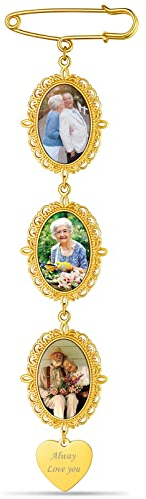 Custom4U Charmes Photos Bouquet de Mariage Breloque Coeur Plaqué Or avec Photo Gravé Bijoux Broche Épingle Personnalisable