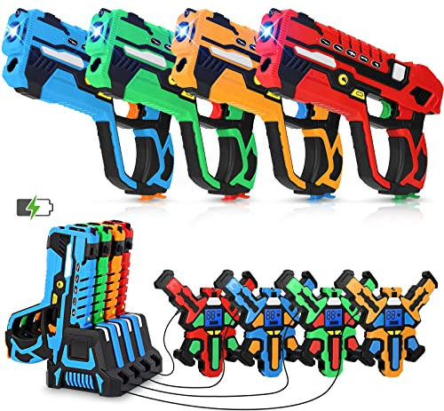 Wiederaufladbare Laser-Tag-Pistolen, Set mit 4 Pistolen und Westensensoren LCD, Cooles Spielzeug für Kinder, Jugendliche und Erwachsene, Outdoor-Schießspiele, Familienaktivität für Jungen und Mädchen