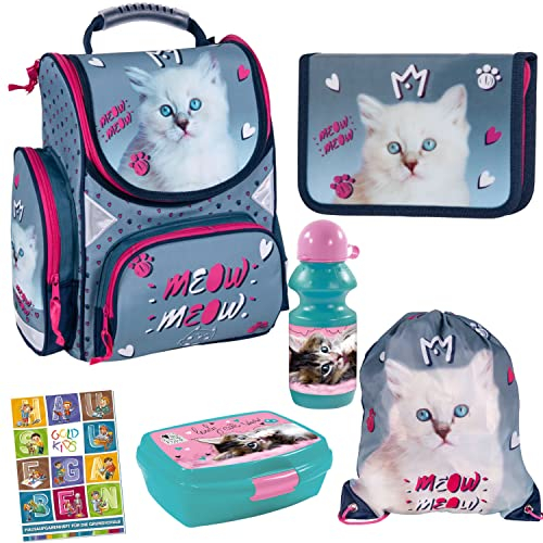 Goldkids Schulranzen Katze Cat Motiv ergonomischer Ranzen Federmappe Turnbeutel Brotdose Trinkflasche Aufgabenheft für die Grundschule 6er Set. Geeignet ab der ersten Klasse der Grundschule.