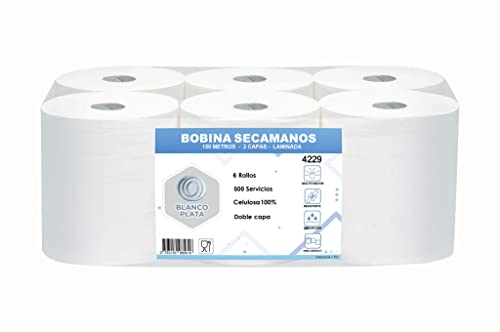 Bobina Papel secamanos mecha laminada 6 rollos de 150m 100% Celulosa Doble Capa
