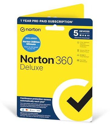 Norton 360 Deluxe + Utilities Ultimate, Antivirus software for 5 Devices and 1-year subscription with automatic renewal, Includes Secure VPN, PC/Mac/iOS/Android - Activation Code by Post
