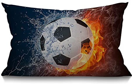 BGBDEIA Fußball-Kissenbezug, 30 x 50 cm, Sport, Fußball in brennendem Feuer und Wasser, funkelnd, Kreisspiel, rechteckig, Heimdekoration, Baumwollleinen, Wurfkissenbezug für Bett, Sofa, 30 x 50 cm