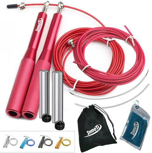 InnoTi Comba CrossTraining Lastrada Hombre y Mujer - Cuerda de Saltar de Alta Velocidad para Boxeo y Fitness - Comba de Aluminio Ligera para Saltos Dobles - Ajustable y con Cable Extra (Roja)