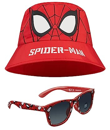 Marvel Fischerhut und Kinder Sonnenbrille Set für Jungen Avengers Sonnenhut 100% UV Kindersonnenbrille Spiderman Hut Jungen - Ideal für Urlaub Sommer Zubehör Geschenke (Rot Spiderman)