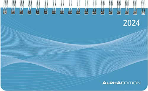 Querkalender Mini PP-Einband blau 2024 - Tisch-Kalender - Büro-Planer 15,6x9 cm - 1 Woche 2 Seiten - Ringbindung - Alpha Edition