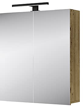 Planetmöbel Merkur Spiegelschrank Bad mit Beleuchtung 60 cm breit | Badschrank hängend mit Spiegel | Matt-Schwarz LED Beleuchtung | Artizan Eiche