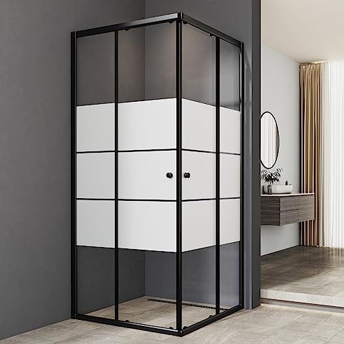 Duschkabine 80x80 cm Eckeinstieg mit Schiebetüren Duschkabine Schwarz Duschabtrennung 6mm ESG Milchglas Streifen Duschtür Duschwand Höhe 185cm