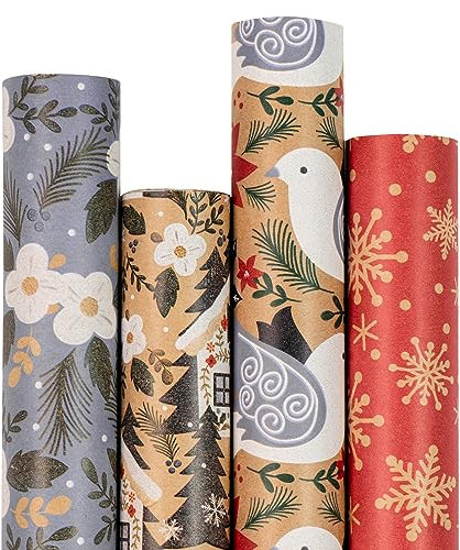 RUSPEPA Papier Cadeau De Noël, Papier Kraft - Colombe, Flocon De Neige, Fleur Et Maison - 4 Rouleaux - 43,5X305 Cm Par Rouleau