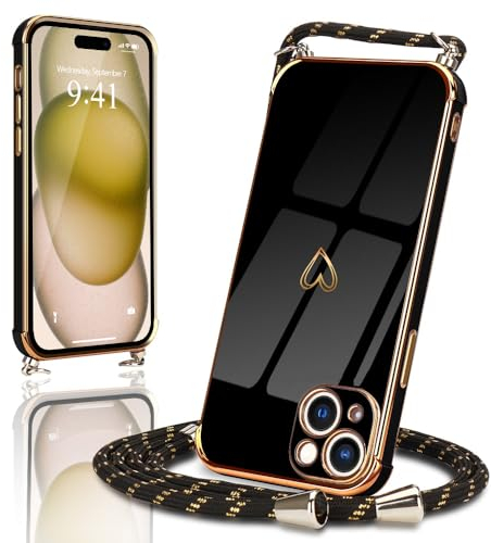 Micoden Handykette kompatibel mit iPhone 15 hülle Ultra dünn Kameraschutz Herz Love Design Galvanik Silikon Bumper Case Kordel zum Umhängen Handyhülle mit Band Schutzhülle,Schwarz