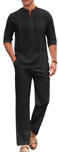 COOFANDY 2-teiliges Herren-Set, Baumwolle, lässig, langärmelig, kubanisches Henley-Shirt und lockere Hose, Strandurlaub-Outfits, Schwarz, XXX-Large