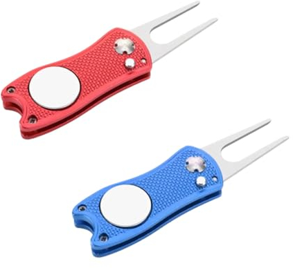 PSOWQ Golf Pitchgabel-2PCS Golf Divot Reparatur Pop-up-Taste und mit ballmarker Edelstahl Pitchgabeln, Faltbare Edelstahl Golf Divot Tool für Golf Club-Sport im Freien Golf Geschenk(rot und Blau)
