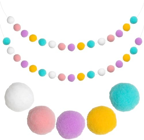 Fyihoxi 2 Stück Bunte Filzkugeln Girlanden,2.5m Filz Ball Girlande mit 60 Pompoms,Bunte Pom Pom Girlande,Filz Kugel Girlanden,Bunte Filzkugelgirlande für Wand Party Dekor Christbaum Schmuck