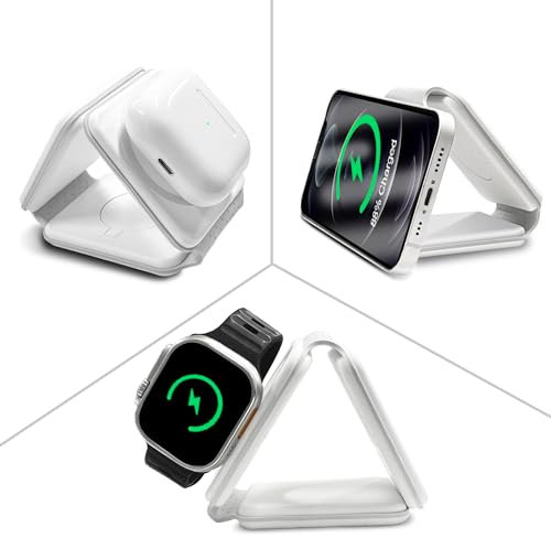 Magnetic Wireless Charger for iPhone: Fodable 3 in 1 Charging Station for Multiple Apple Devices - Travel Charging Pad Dock for Apple Watch iPhone 15 14 13 12 Pro Max Plus & Airpod (White)