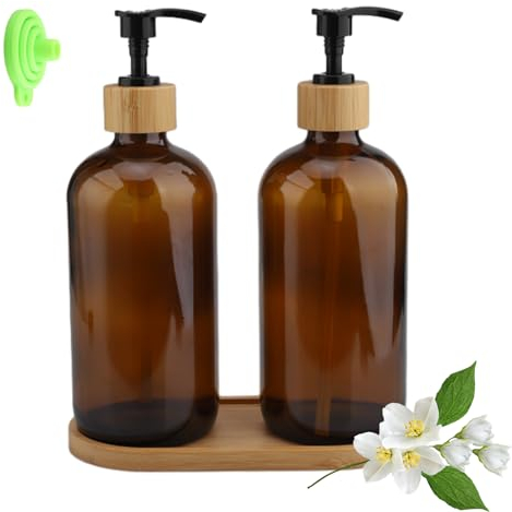 2 dispensador de jabon Cocina 500ml,Botes para Gel y champu,Etiqueta y Bandeja de Madera con dispensador de jabón de Vidrio con Bomba, Adecuado para baño, Cocina, encimera (marrón)