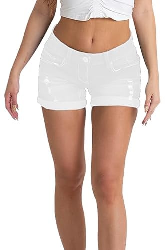 westAce Womens Denim Shorts Stretchy Skinny Distressed Ripped High Waisted Rollup Summer Designed Ladies Boyfriend Hot Denim Jeans Short Pants 8-20 (UK, Numeric, 14, Regular, Regular, White)