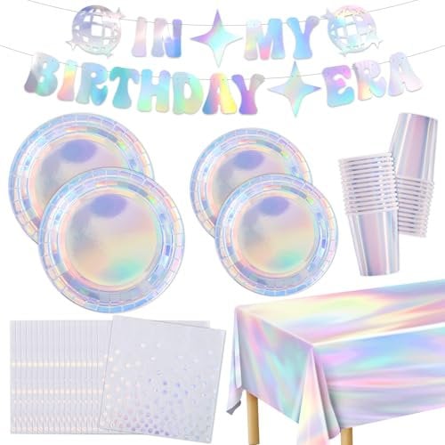 Iridescent Party Supplies Decorations, Disposable Paper Plates Tableware Serves 25, with Iridescent Cups, Napkins, Tablecloth, Banner for Singer Birthday Theme Party