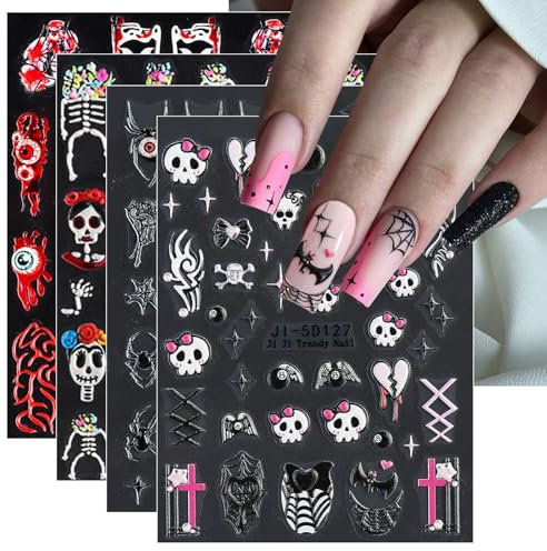 JMEOWIO 3D Embossed Halloween Black Nail Art Stickers Decals Self-Adhesive 5D Bow Nail Supplies Nail Art Design Decoration Accessories 4 Sheets