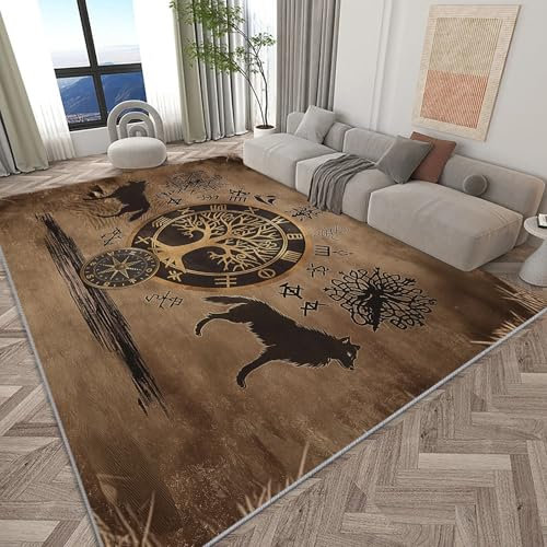 Teppich Wohnzimmer 120x170 cm Waschbarer Teppich, Alter Wikinger Baum Und Wolf Teppich Schlafzimmer, Vintage Teppich, Teppich Kurzflor für Wohnzimmer Schlafzimmer kinderzimmer
