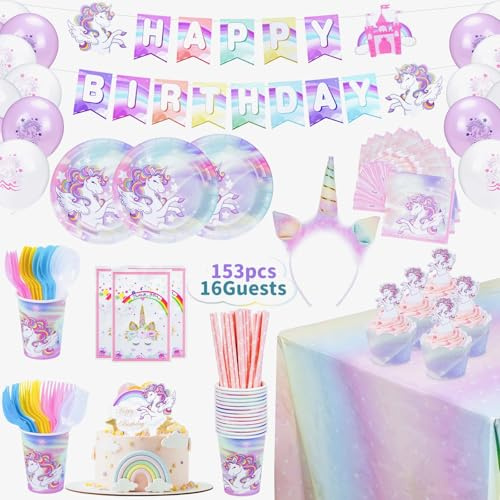Unicorn Birthday Decorations for Girls – 153 Pcs Purple, Pink, and Rainbow Party Supplies & Plates, Complete Unicorn Party Set for Girl's Birthday and Magical Unicorn Theme