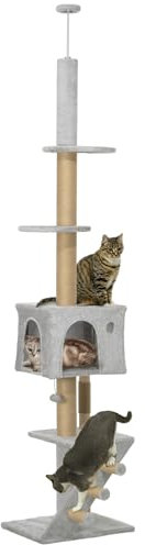 PawHut Árbol para Gatos de Suelo a Techo de 225-265 cm Árbol Rascador para Gatos con Altura Ajustable Múltiples Plataformas Escalera Bola Colgante Gris Claro