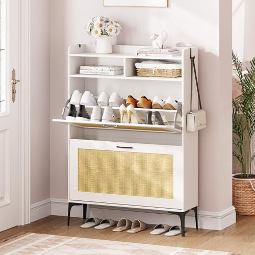 Dripex Shoe Cabinet, with 2 Open Compartment, 2 Flip Drawers, Adjustable and Removable Divider, Metal Flip Stand & Support Feet, Shoe Storage Cabinet For Hallway (Rattan White, 80cm width)