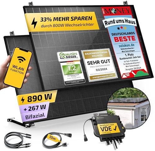 Solakon 900W Balkonkraftwerk mit Halterung (Gartenhaus) - Balkonkraftwerk 800W komplett Steckdose - 800 Watt Wechselrichter - Solaranlage Komplettset - 450W bifaziale Solarmodule inkl Zubehör - 10m