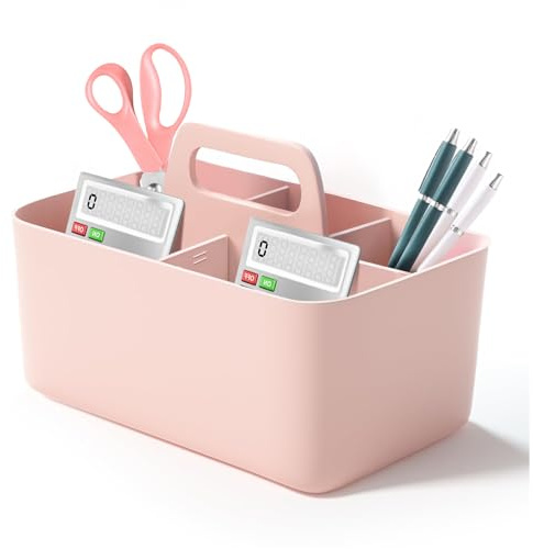 Aevcvok Stapelbarer Organizer, Korb Organizer mit Griff, Mehrzweck Kunststoffkorb Bastelkorb, Schreibtischkorb, Aufbewahrung für stifte, bad, Bastelsachen, Nähutensilien, Make-up, Bürobedarf (Rosa)