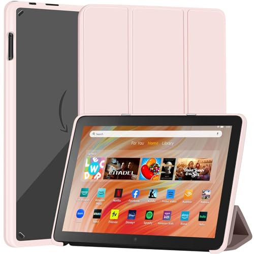 Hülle für Fire HD 10/10 Kids/10 Kids Pro 13. Gen 2023 10.1, Rosa | PU-Leder, klare PC-Rückseite, Dreifach-Ständer, 2 Neigungswinkel, Auto Wake/Sleep