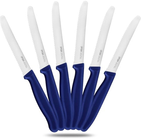 OPOLIA 6 Stück Blau Frühstücksmesser,kann als Tafelmesser、Brötchenmesser、Tomatenmesser, Hochwertiger Rostfreier Stahl Messerset,Messer Wellenschlif,Spülmaschinenfest.