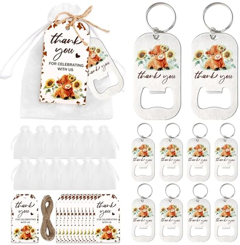 CORNER LACE 24 Sets Highland Cow Bottle Openers Baby Shower Favors, Boho Floral Highland Cattle Bottle Openers Keychains Thank You Tags Organza Bags for Holy Cow Farm Animals Party Decor Guest Gifts