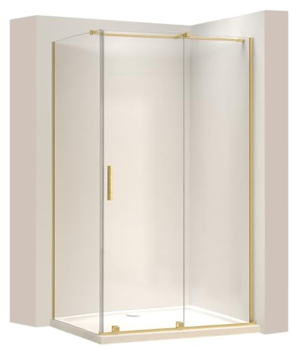 Rea - Cabina Doccia Montana, Oro Spazzolato 140X80, D'Angolo Senza Piatto Doccia, Vetro Di Sicurezza Temperato Trasparente 6mm, Scorrevole, 140 X 80 X 200,5 cm